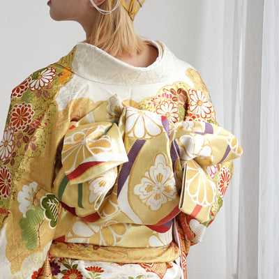 【レンタル】振袖 着物セット 正絹着物+正絹袋帯 成人式  晴れ着 記念撮影 往復送料無料 絵羽 淡黄色と抹茶のモダン（1000610500）