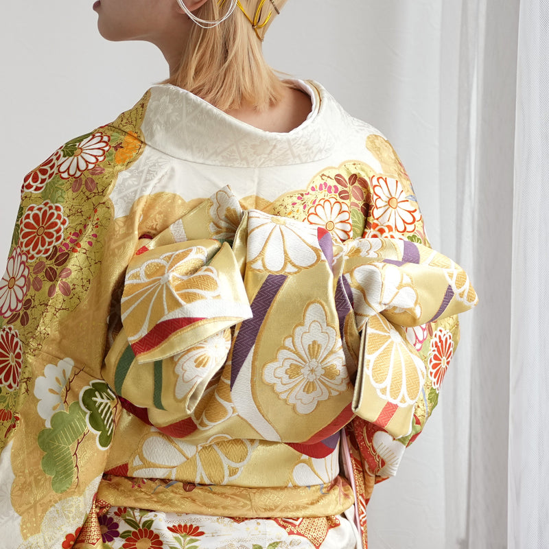 【レンタル】振袖 着物セット 正絹着物+正絹袋帯 成人式  晴れ着 記念撮影 往復送料無料 絵羽 淡黄色と抹茶のモダン（1000610500）