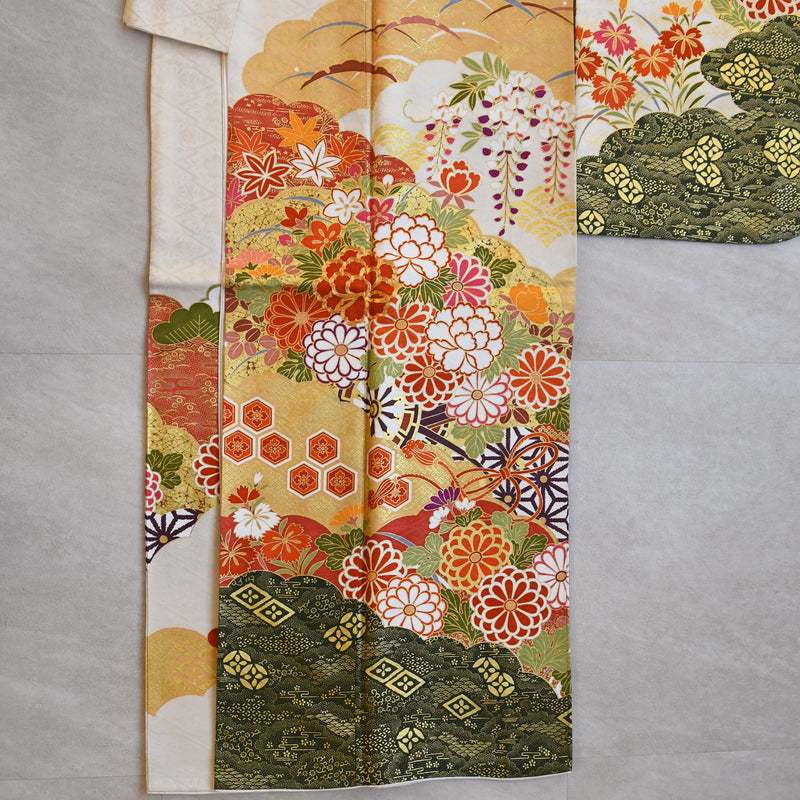 【レンタル】振袖 着物セット 正絹着物+正絹袋帯 成人式  晴れ着 記念撮影 往復送料無料 絵羽 淡黄色と抹茶のモダン（1000610500）