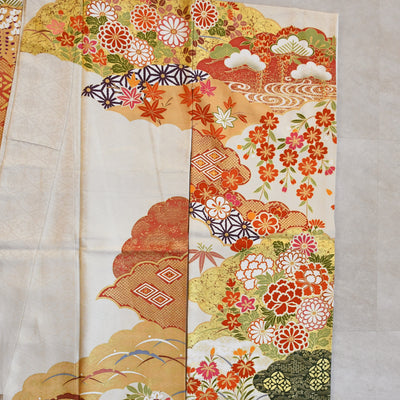 【レンタル】振袖 着物セット 正絹着物+正絹袋帯 成人式  晴れ着 記念撮影 往復送料無料 絵羽 淡黄色と抹茶のモダン（1000610500）