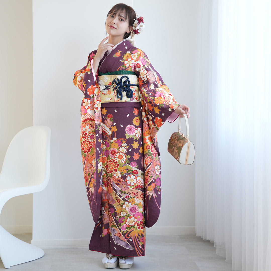 コキンですumean成人式 正絹振袖セット+着付け小物、襦袢セット 安い価格 振袖フルセット・古典柄・正絹 和装小物 着付けセット付き