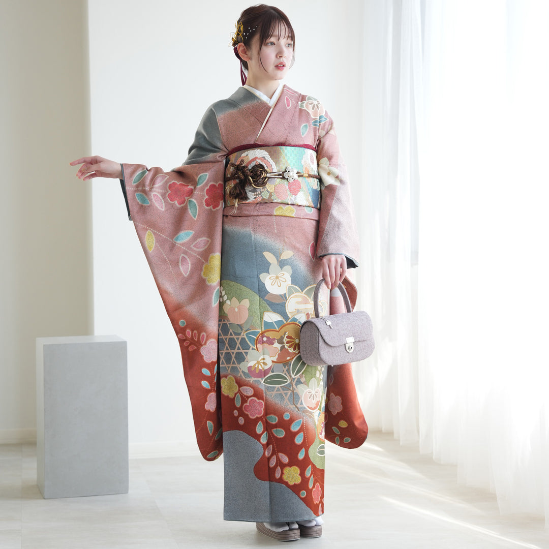 レンタル】振袖 着物セット 正絹着物+正絹袋帯 成人式 晴れ着 記念撮影