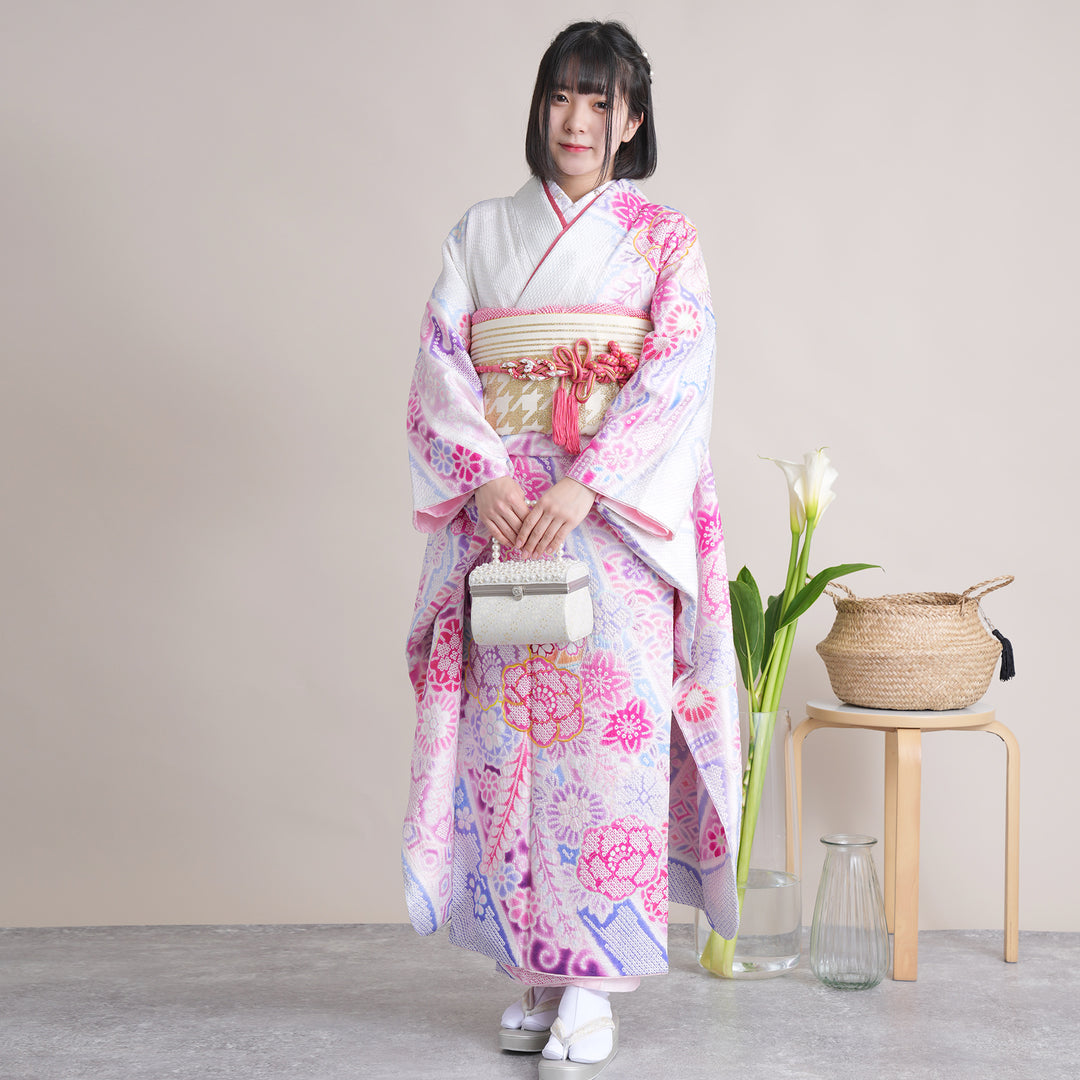 振袖フルセット牡丹 菊 総絞り 聞き辛い 金彩 赤 正絹 