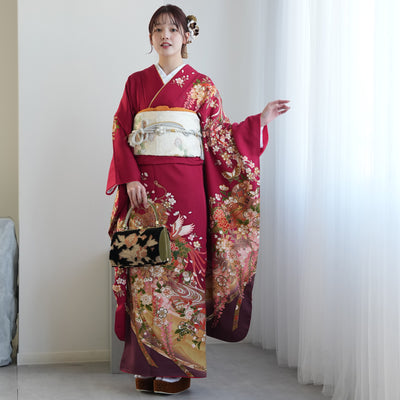 【レンタル】振袖 着物セット アンティーク正絹着物+正絹袋帯 成人式  晴れ着 記念撮影 往復送料無料 赤と紫の古典柄（1000616100）