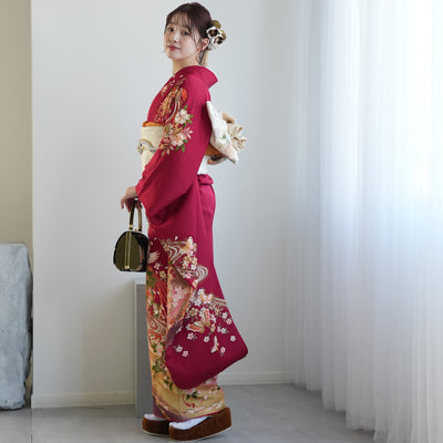 【レンタル】振袖 着物セット アンティーク正絹着物+正絹袋帯 成人式  晴れ着 記念撮影 往復送料無料 赤と紫の古典柄（1000616100）