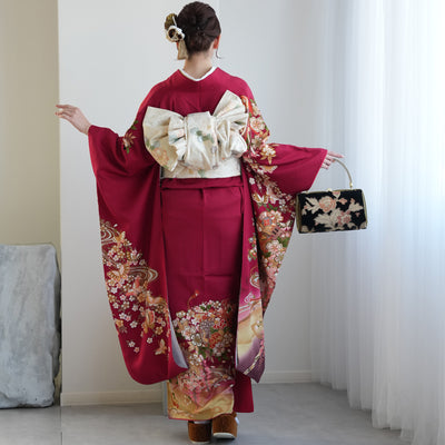 【レンタル】振袖 着物セット アンティーク正絹着物+正絹袋帯 成人式  晴れ着 記念撮影 往復送料無料 赤と紫の古典柄（1000616100）