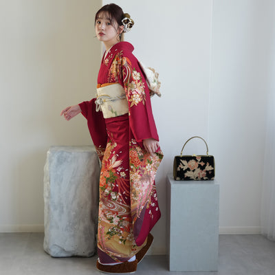 【レンタル】振袖 着物セット アンティーク正絹着物+正絹袋帯 成人式  晴れ着 記念撮影 往復送料無料 赤と紫の古典柄（1000616100）