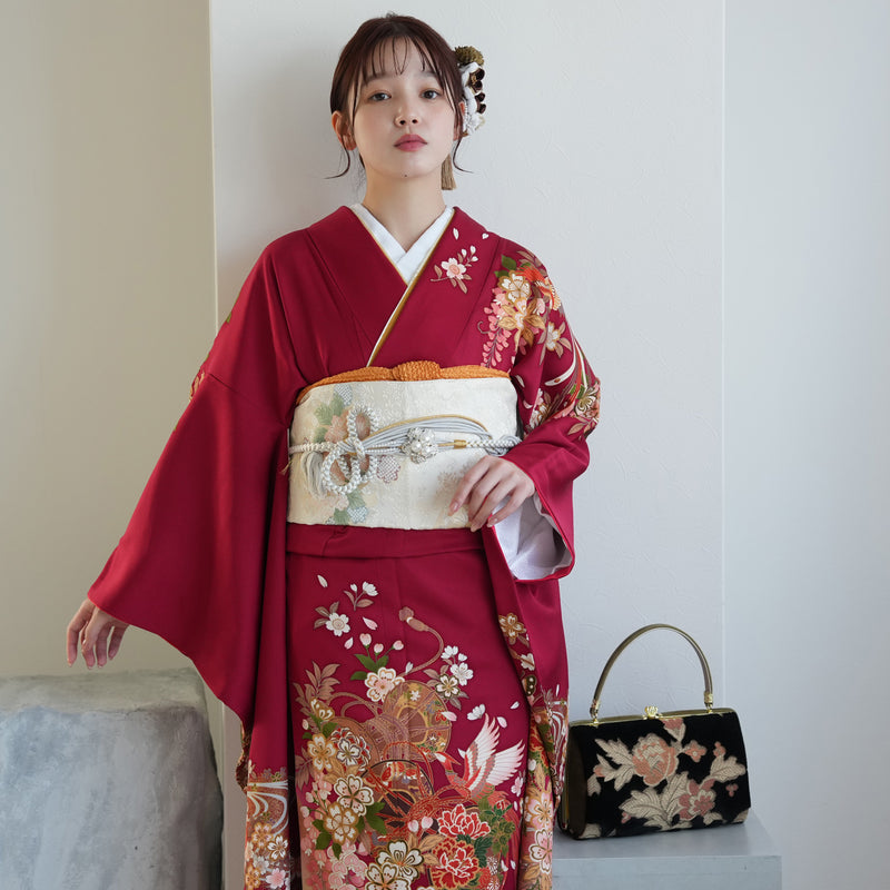 【レンタル】振袖 着物セット アンティーク正絹着物+正絹袋帯 成人式  晴れ着 記念撮影 往復送料無料 赤と紫の古典柄（1000616100）