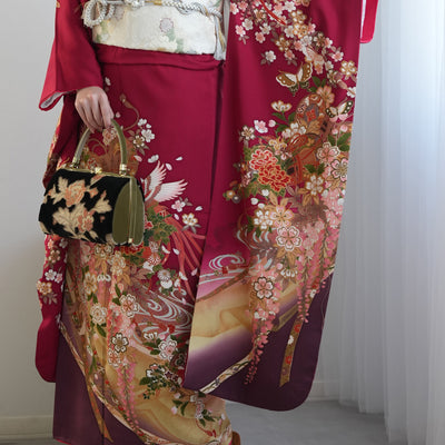 【レンタル】振袖 着物セット アンティーク正絹着物+正絹袋帯 成人式  晴れ着 記念撮影 往復送料無料 赤と紫の古典柄（1000616100）