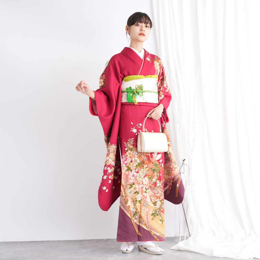 美品 新品 正絹振袖 袋帯 セット レンタル】振袖 着物セット アンティーク正絹着物+正絹袋帯 成人