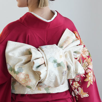 【レンタル】振袖 着物セット アンティーク正絹着物+正絹袋帯 成人式  晴れ着 記念撮影 往復送料無料 赤と紫の古典柄（1000616100）