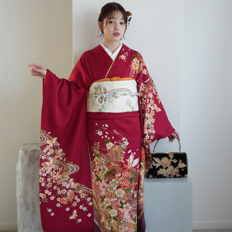 【レンタル】振袖 着物セット アンティーク正絹着物+正絹袋帯 成人式  晴れ着 記念撮影 往復送料無料 赤と紫の古典柄（1000616100）