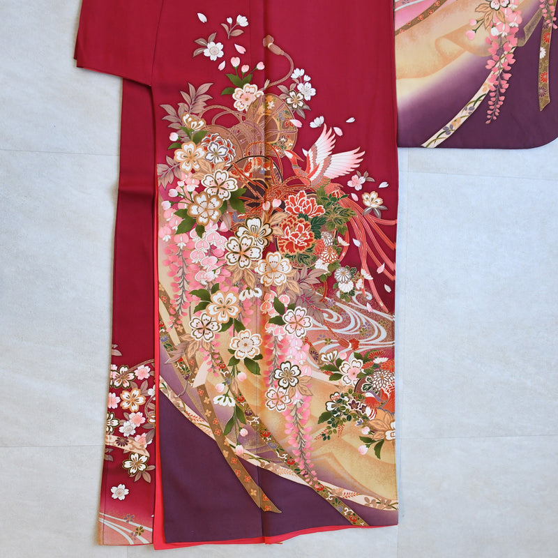 【レンタル】振袖 着物セット アンティーク正絹着物+正絹袋帯 成人式  晴れ着 記念撮影 往復送料無料 赤と紫の古典柄（1000616100）