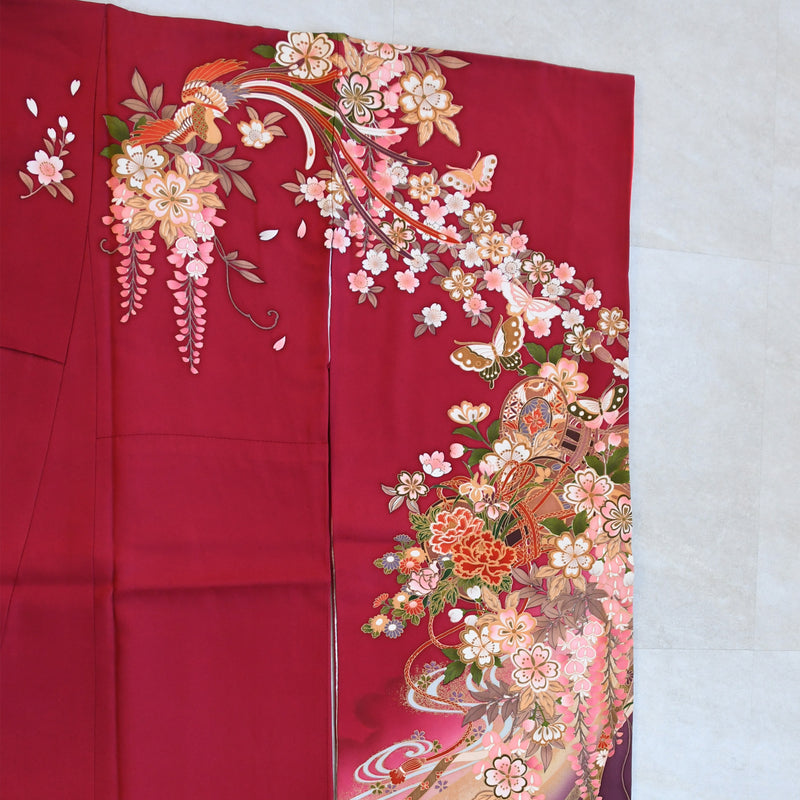 【レンタル】振袖 着物セット アンティーク正絹着物+正絹袋帯 成人式  晴れ着 記念撮影 往復送料無料 赤と紫の古典柄（1000616100）