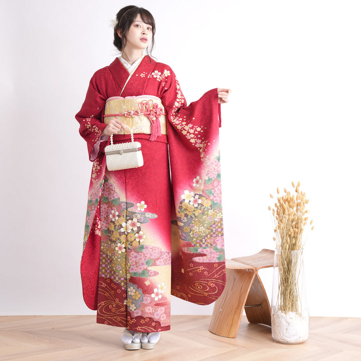 着物 振袖 正絹 レンタル】振袖 着物セット アンティーク正絹着物+正絹袋帯 成人