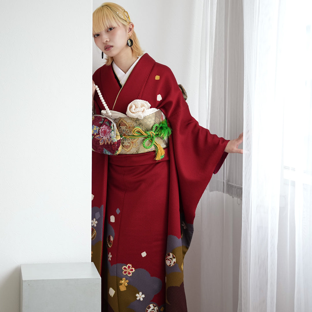 レンタル】振袖 着物セット アンティーク正絹着物+正絹袋帯 成人式