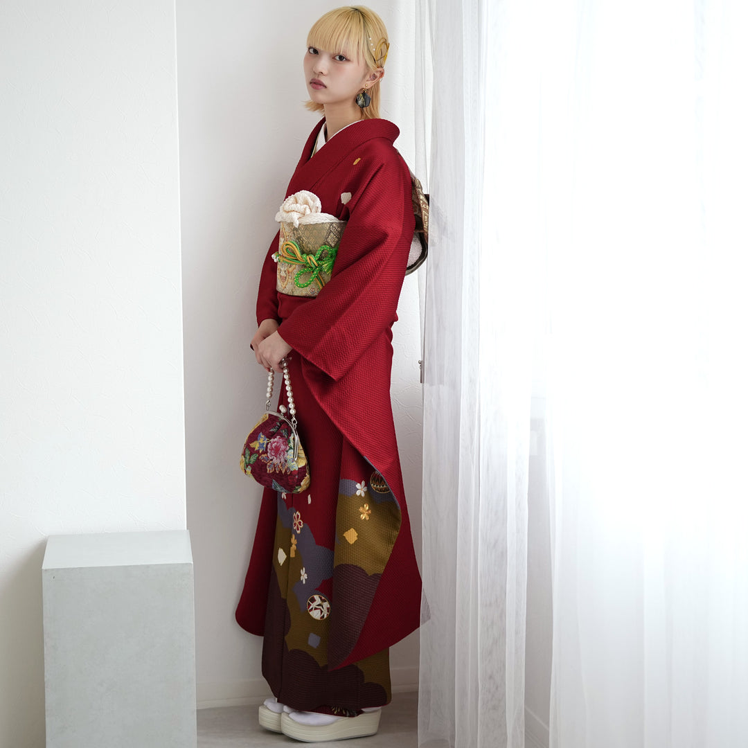 レンタル】振袖 着物セット アンティーク正絹着物+正絹袋帯 成人式