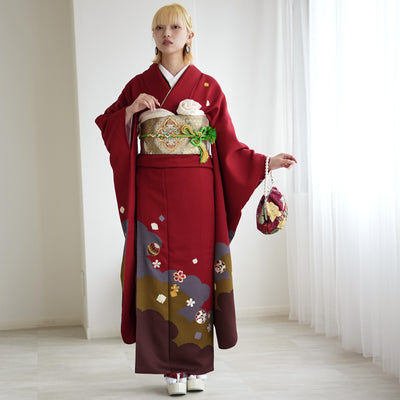 【レンタル】振袖 着物セット アンティーク正絹着物+正絹袋帯 成人式  晴れ着 記念撮影 往復送料無料 絵羽 レトロ赤の雲取（1000616800）