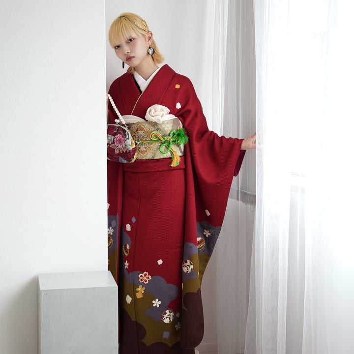 レンタル】振袖 着物セット アンティーク正絹着物+正絹袋帯 成人式