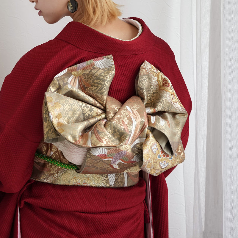 【レンタル】振袖 着物セット アンティーク正絹着物+正絹袋帯 成人式  晴れ着 記念撮影 往復送料無料 絵羽 レトロ赤の雲取（1000616800）