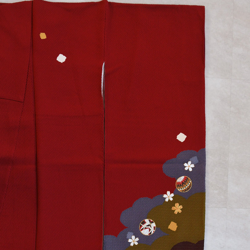 【レンタル】振袖 着物セット アンティーク正絹着物+正絹袋帯 成人式  晴れ着 記念撮影 往復送料無料 絵羽 レトロ赤の雲取（1000616800）