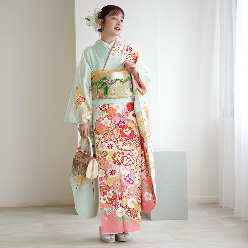 【レンタル】振袖 着物セット アンティーク正絹着物+正絹袋帯 成人式  晴れ着 記念撮影 往復送料無料 絵羽 淡いミントの古典柄（1000616900）