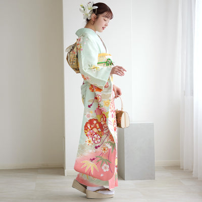 【レンタル】振袖 着物セット アンティーク正絹着物+正絹袋帯 成人式  晴れ着 記念撮影 往復送料無料 絵羽 淡いミントの古典柄（1000616900）