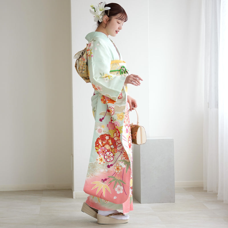 【レンタル】振袖 着物セット アンティーク正絹着物+正絹袋帯 成人式  晴れ着 記念撮影 往復送料無料 絵羽 淡いミントの古典柄（1000616900）