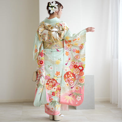 【レンタル】振袖 着物セット アンティーク正絹着物+正絹袋帯 成人式  晴れ着 記念撮影 往復送料無料 絵羽 淡いミントの古典柄（1000616900）