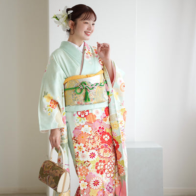 【レンタル】振袖 着物セット アンティーク正絹着物+正絹袋帯 成人式  晴れ着 記念撮影 往復送料無料 絵羽 淡いミントの古典柄（1000616900）
