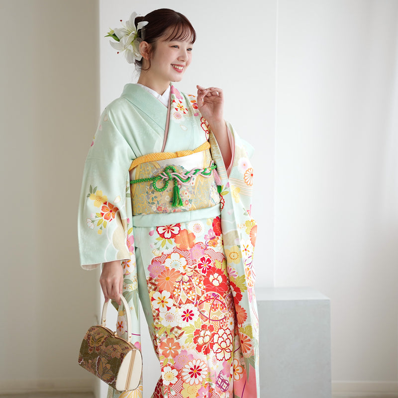 【レンタル】振袖 着物セット アンティーク正絹着物+正絹袋帯 成人式  晴れ着 記念撮影 往復送料無料 絵羽 淡いミントの古典柄（1000616900）