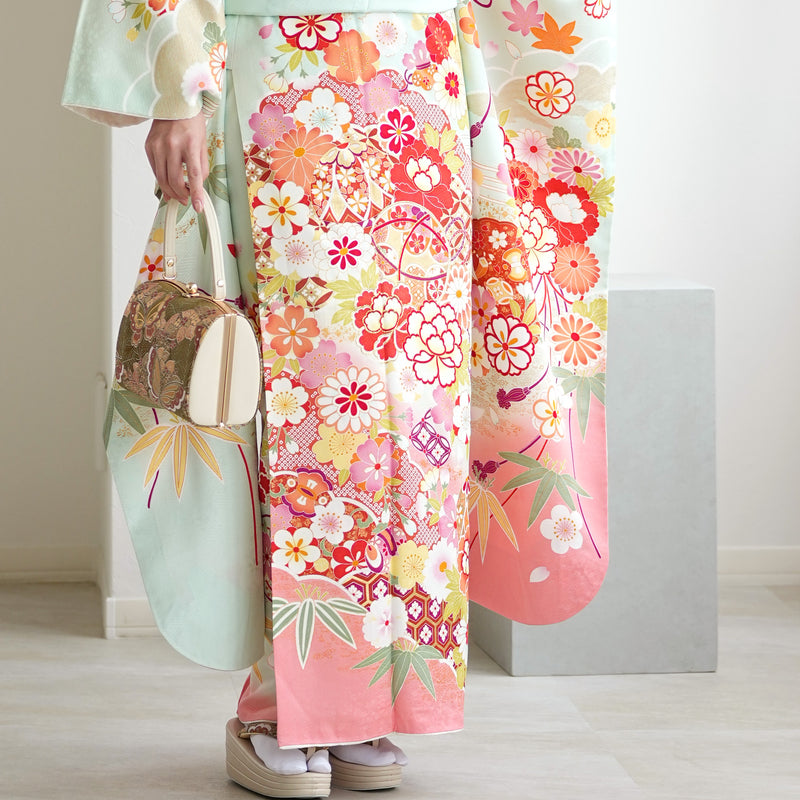 【レンタル】振袖 着物セット アンティーク正絹着物+正絹袋帯 成人式  晴れ着 記念撮影 往復送料無料 絵羽 淡いミントの古典柄（1000616900）