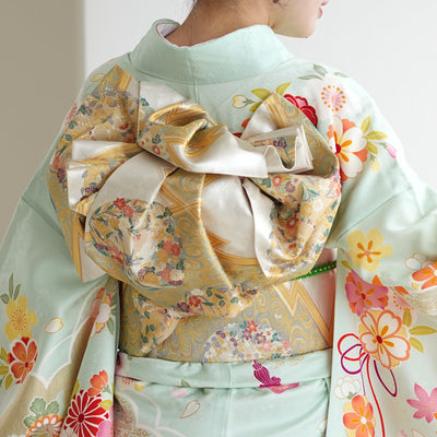 【レンタル】振袖 着物セット アンティーク正絹着物+正絹袋帯 成人式  晴れ着 記念撮影 往復送料無料 絵羽 淡いミントの古典柄（1000616900）