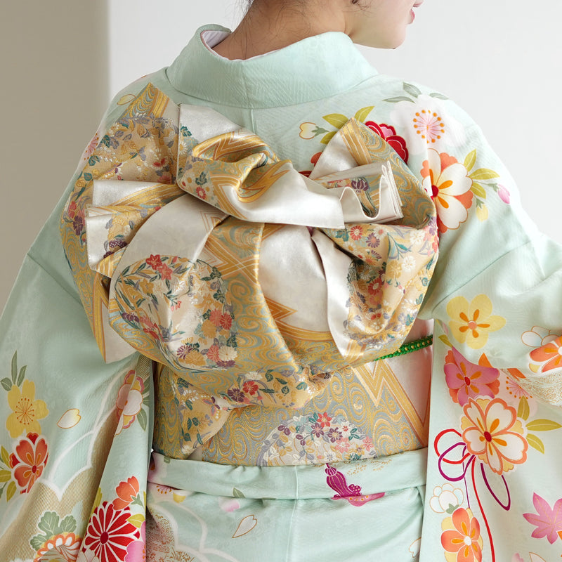 【レンタル】振袖 着物セット アンティーク正絹着物+正絹袋帯 成人式  晴れ着 記念撮影 往復送料無料 絵羽 淡いミントの古典柄（1000616900）