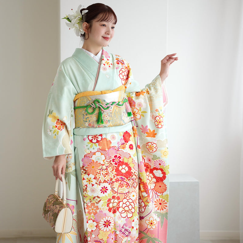 【レンタル】振袖 着物セット アンティーク正絹着物+正絹袋帯 成人式  晴れ着 記念撮影 往復送料無料 絵羽 淡いミントの古典柄（1000616900）