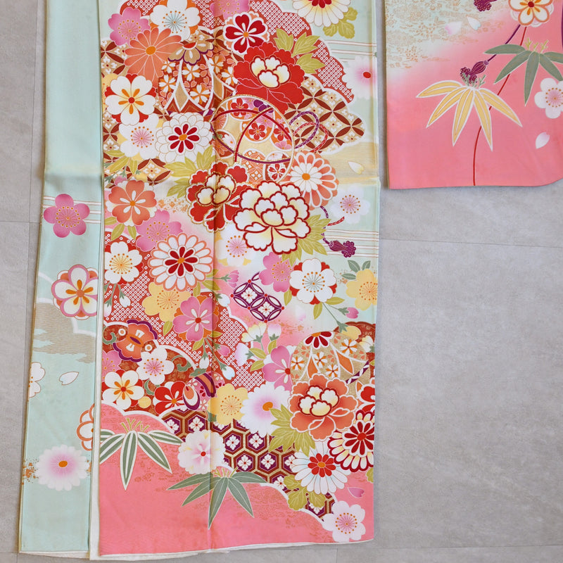 【レンタル】振袖 着物セット アンティーク正絹着物+正絹袋帯 成人式  晴れ着 記念撮影 往復送料無料 絵羽 淡いミントの古典柄（1000616900）