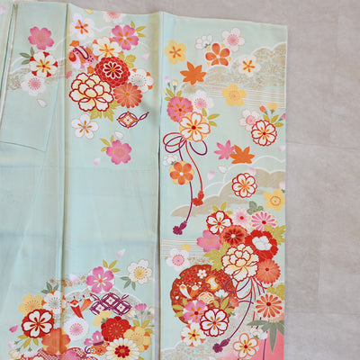 【レンタル】振袖 着物セット アンティーク正絹着物+正絹袋帯 成人式  晴れ着 記念撮影 往復送料無料 絵羽 淡いミントの古典柄（1000616900）