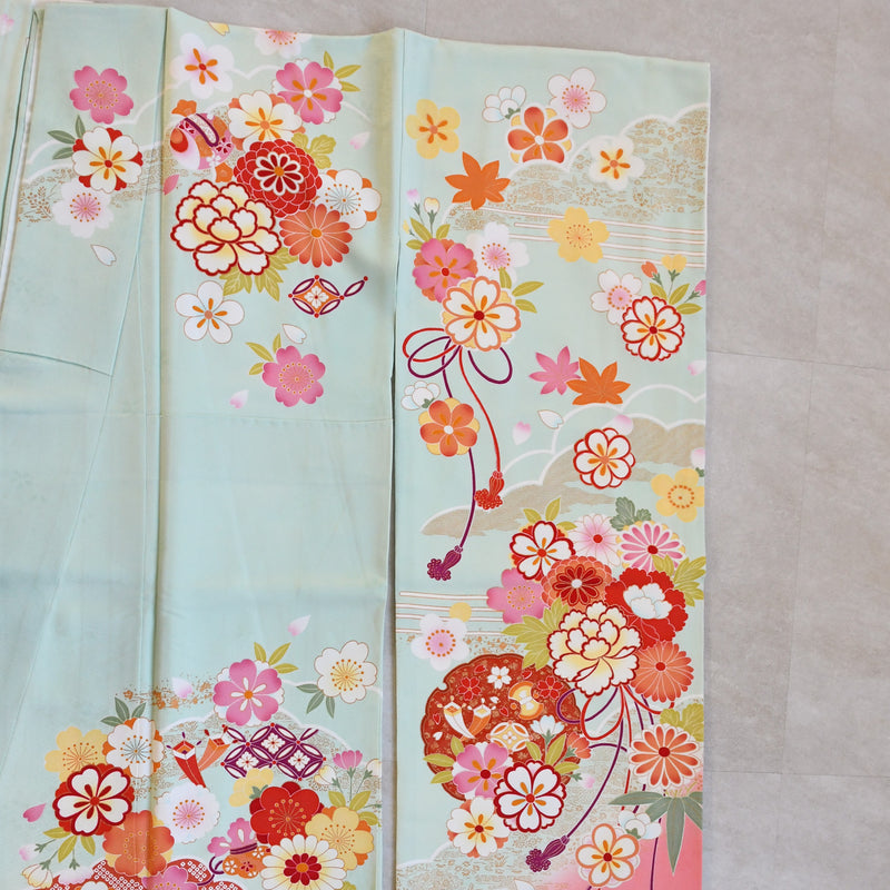 【レンタル】振袖 着物セット アンティーク正絹着物+正絹袋帯 成人式  晴れ着 記念撮影 往復送料無料 絵羽 淡いミントの古典柄（1000616900）