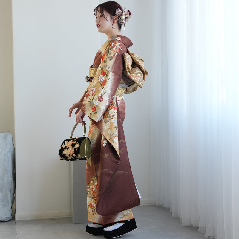 【レンタル】振袖 着物セット アンティーク正絹着物+正絹袋帯 成人式  晴れ着 記念撮影 往復送料無料 絵羽 ブラウンぼかしの古典柄（1000617000）