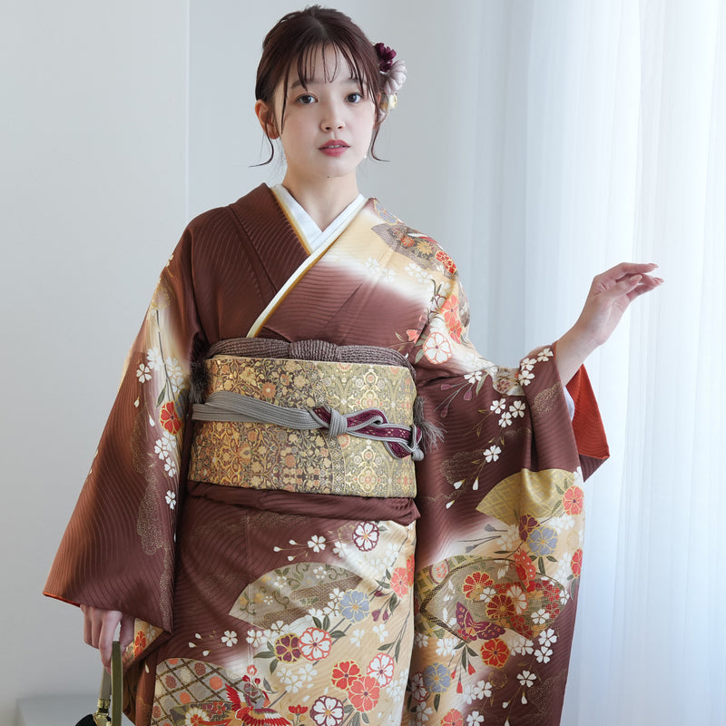 【レンタル】振袖 着物セット アンティーク正絹着物+正絹袋帯 成人式  晴れ着 記念撮影 往復送料無料 絵羽 ブラウンぼかしの古典柄（1000617000）
