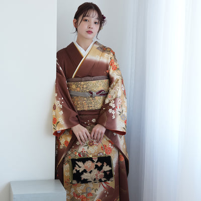 【レンタル】振袖 着物セット アンティーク正絹着物+正絹袋帯 成人式  晴れ着 記念撮影 往復送料無料 絵羽 ブラウンぼかしの古典柄（1000617000）