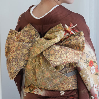 【レンタル】振袖 着物セット アンティーク正絹着物+正絹袋帯 成人式  晴れ着 記念撮影 往復送料無料 絵羽 ブラウンぼかしの古典柄（1000617000）