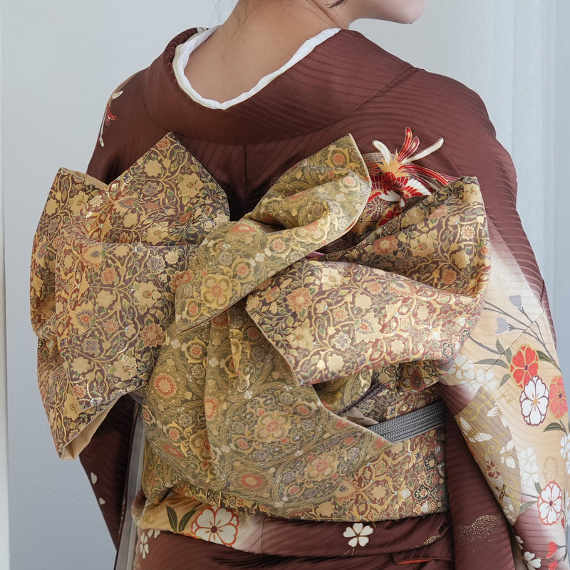 【レンタル】振袖 着物セット アンティーク正絹着物+正絹袋帯 成人式  晴れ着 記念撮影 往復送料無料 絵羽 ブラウンぼかしの古典柄（1000617000）