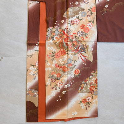 【レンタル】振袖 着物セット アンティーク正絹着物+正絹袋帯 成人式  晴れ着 記念撮影 往復送料無料 絵羽 ブラウンぼかしの古典柄（1000617000）