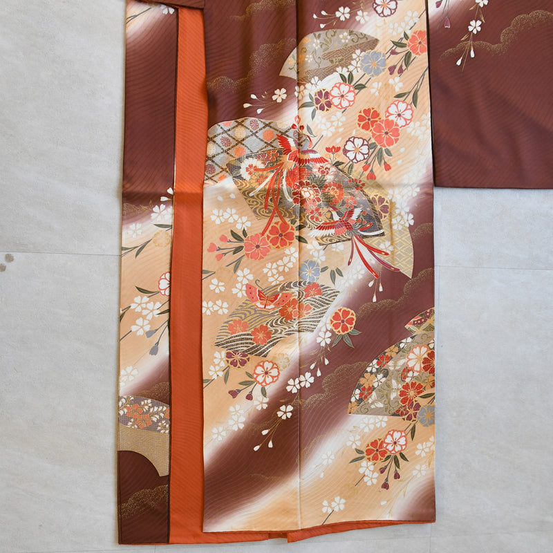 【レンタル】振袖 着物セット アンティーク正絹着物+正絹袋帯 成人式  晴れ着 記念撮影 往復送料無料 絵羽 ブラウンぼかしの古典柄（1000617000）