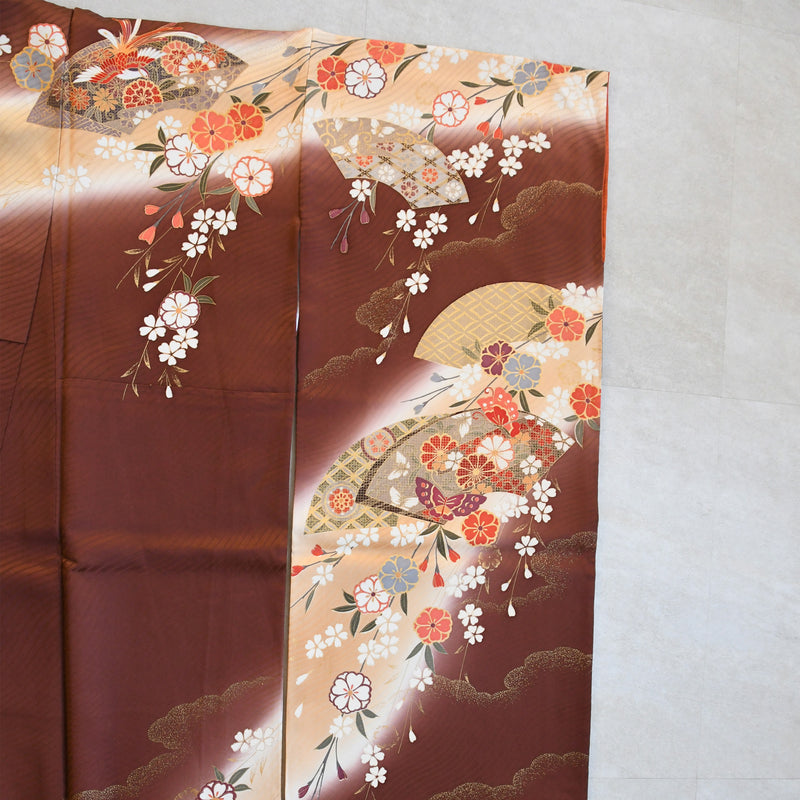 【レンタル】振袖 着物セット アンティーク正絹着物+正絹袋帯 成人式  晴れ着 記念撮影 往復送料無料 絵羽 ブラウンぼかしの古典柄（1000617000）