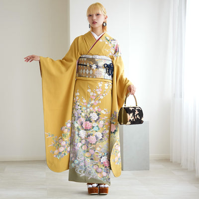 【レンタル】振袖 着物セット アンティーク正絹着物+正絹袋帯 成人式  晴れ着 記念撮影 往復送料無料 マスタードと若草ぼかし（1000617100）