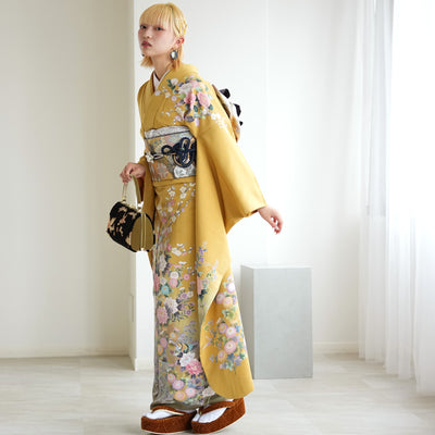 【レンタル】振袖 着物セット アンティーク正絹着物+正絹袋帯 成人式  晴れ着 記念撮影 往復送料無料 マスタードと若草ぼかし（1000617100）