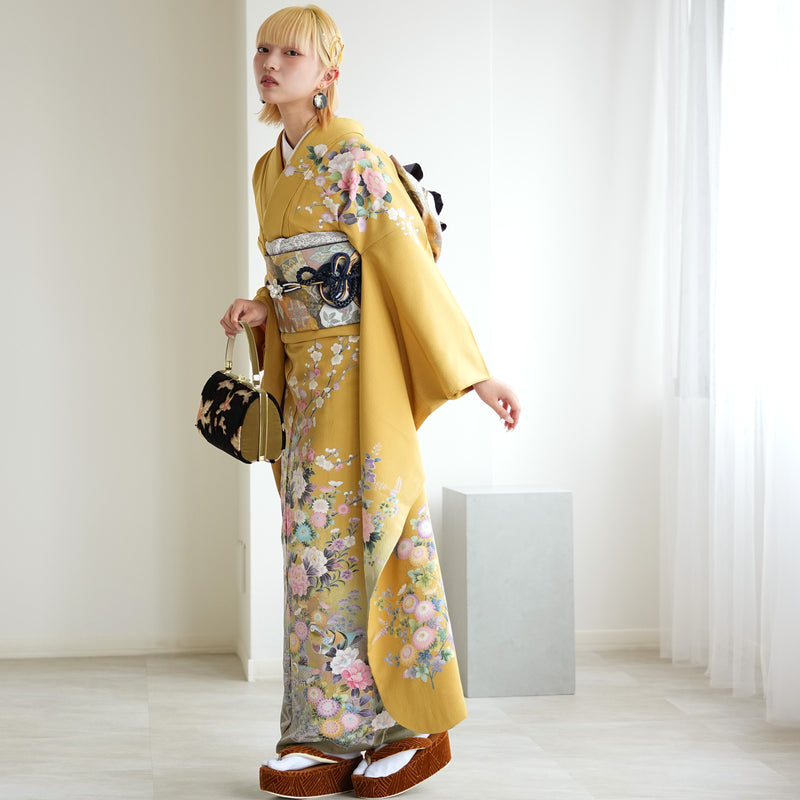 【レンタル】振袖 着物セット アンティーク正絹着物+正絹袋帯 成人式  晴れ着 記念撮影 往復送料無料 マスタードと若草ぼかし（1000617100）