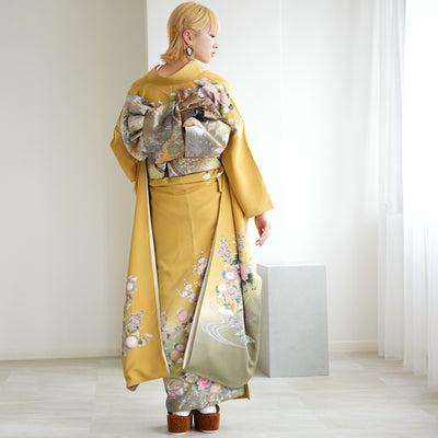 【レンタル】振袖 着物セット アンティーク正絹着物+正絹袋帯 成人式  晴れ着 記念撮影 往復送料無料 マスタードと若草ぼかし（1000617100）